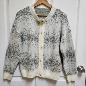 Dazy Gray Cream Mohair Blend Button Fluffy Knit Cardigan Sweater Womens S Boho
